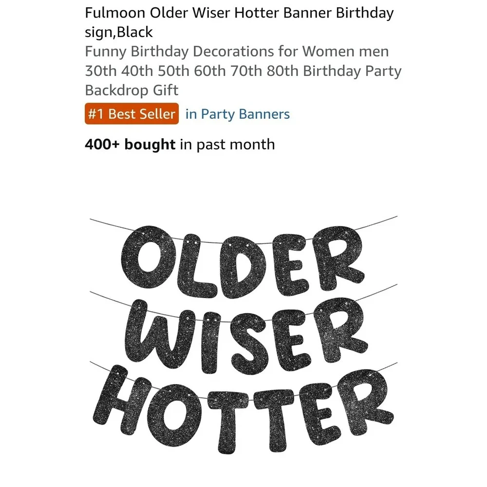 Older Wiser Hotter Black Glitter Birthday Banner Party Sign Decor